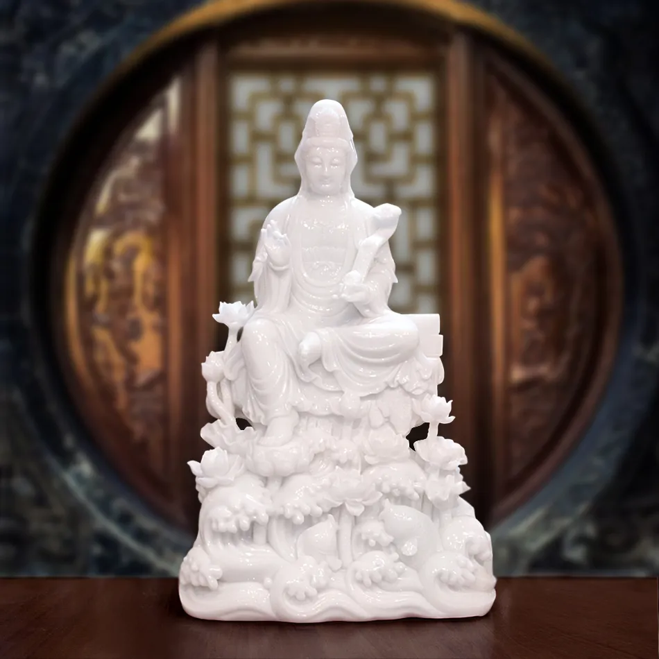 Tượng Quan Âm Bồ Tát Ngồi Tự Tại đá Hán Bạch Ngọc