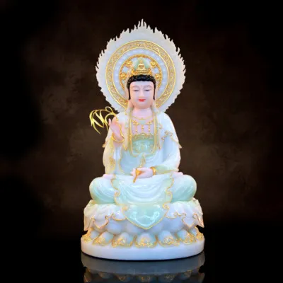 Tượng Quan Âm Ngồi Đài Sen, Chất Liệu Bột Đá Màu Thiên Thanh, Cao 40-66cm