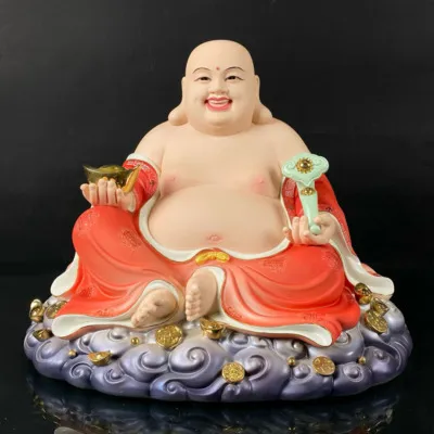 Tượng Di Lặc Ngồi Đế Mây, Bằng Sứ Màu Đỏ, Cao 40cm, 48cm