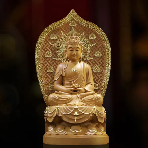 Tượng Ngài A Di Đà Ngồi, Bằng Gỗ Hương Chương (Long Não), Cao 48cm (Tổng Lá Đề 65cm)