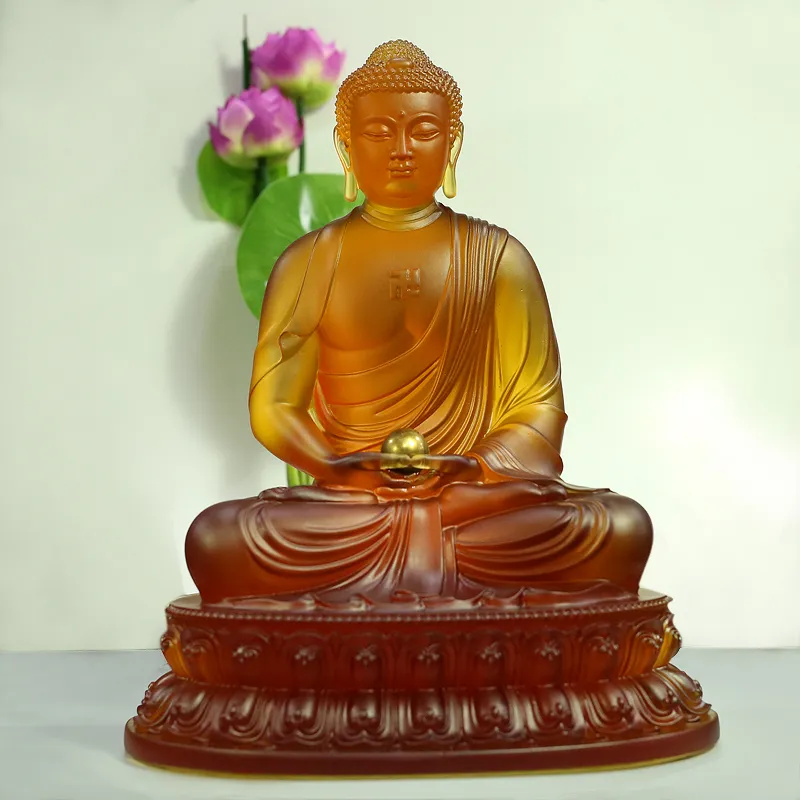 Tượng Bổn Sư Thích Ca ngồi tĩnh tâm bằng lưu ly màu hổ phách cao cấp