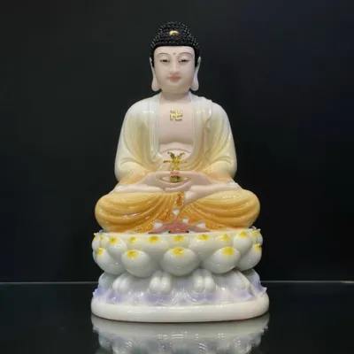 Tượng Phật Dược Sư Ngồi, Bột Đá Sơn Đế Sen Trắng Ghi, Cao 48cm