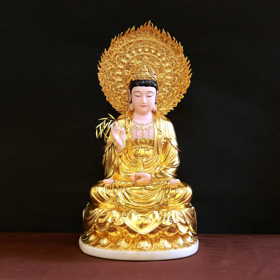 Tượng Quan Âm Bồ Tát Ngồi Đế Sen Bột Đá Dát Vàng 998