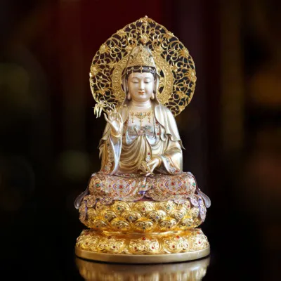 Tượng Quan Âm Ngồi Đài Sen, Bằng Đồng Men Cổ Viền Vàng Mận Bảo, Cao 66cm