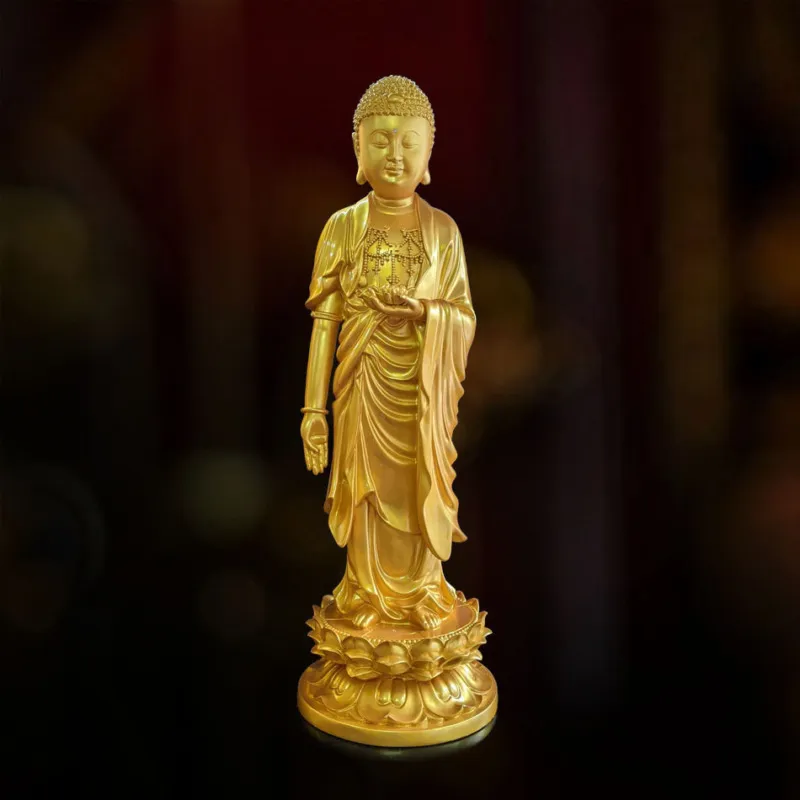 Tượng Phật A Di Đà Đứng Đài Sen Bằng Composite Sơn Nhũ Vàng, Cao 1.2m