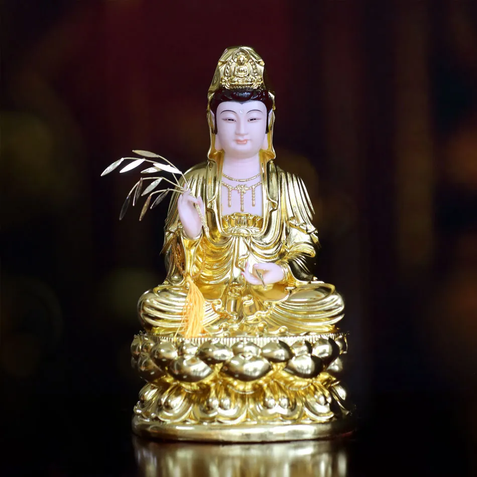 Tượng Quán Thế Âm Ngồi Đài Sen Bột Đá Dát Vàng cao 36cm