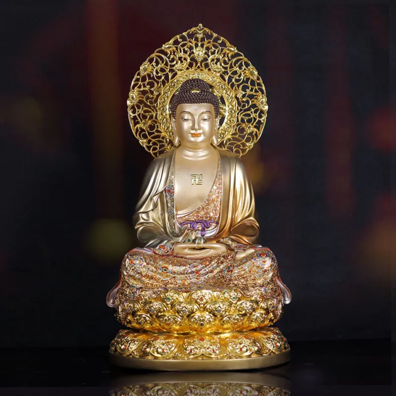 Tượng Bổn Sư Thích Ca Mâu Ni đẹp bằng đồng men cổ viền vàng Mẫn Bảo, cao 48cm