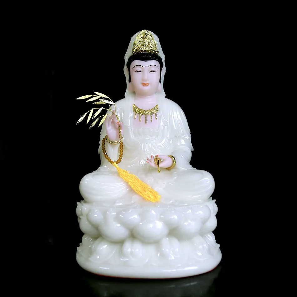 Tượng Ngài Quan Thế Âm Ngồi Đài Sen Bằng Bột Đá Trắng