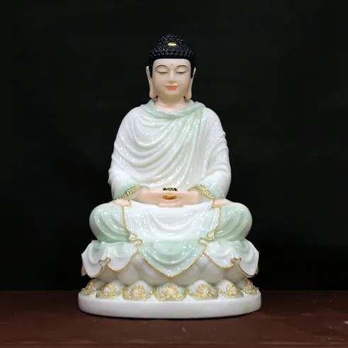 Tượng Phật Thích Ca ngồi đài sen viền vàng mẫu bột đá cẩm thạch xanh thanh tịnh