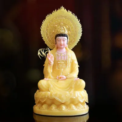 Tượng Quan Âm Bồ Tát Ngồi Đài Sen Bằng Bột Đá Thạch Anh Viền Vàng, Cao 40-48cm