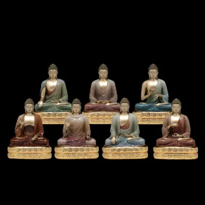 Bộ Tượng Thất Phật Như Lai Bằng Đồng Men Ấn Cổ, Cao 48cm