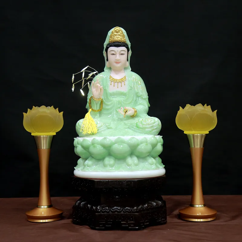 Tượng Ngài Quan Âm Ngồi Bột Đá Xanh Ngọc Hoa 3D