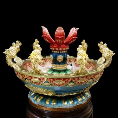 Chậu Tắm Phật Cửu Long Kèm Tượng Đản Sanh, Bằng Composite Dát Vàng Màu Xanh