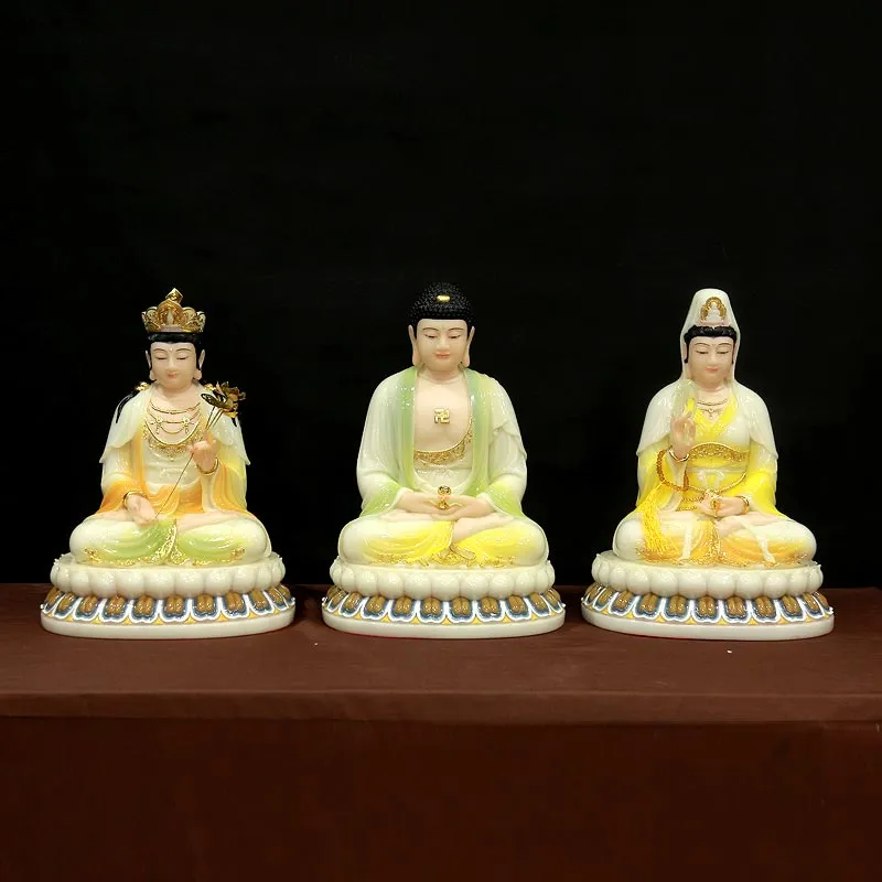 Bộ tượng Tây Phương Tam Thánh ngồi với chất liệu bột đá màu ngọc cẩm thạch vàng