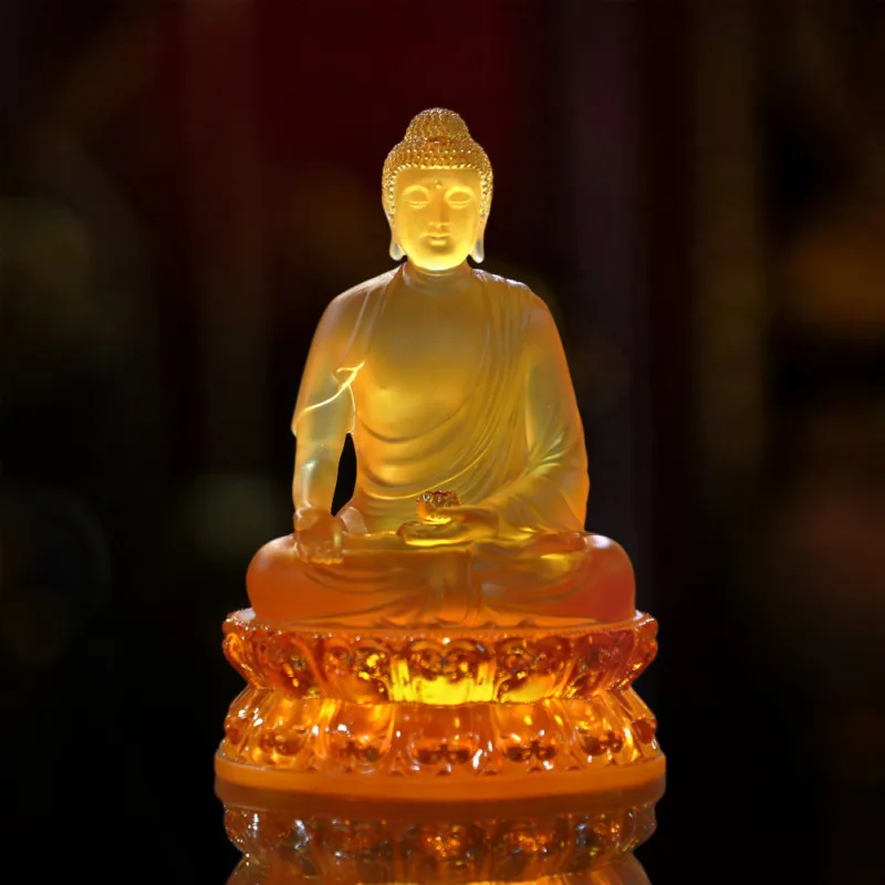 Tượng Phật A Di Đà, Chất Liệu Đá Lưu Ly Vàng, Cao 20.8cm