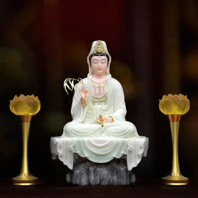 Tượng Quan Thế Âm Ngồi Tự Tại Bằng Bột Đá Cẩm Thạch Màu Thiên Thanh, Cao 40-66cm