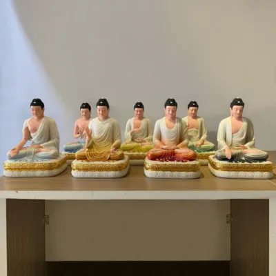 Bộ Tượng Thất Phật Dược Sư Bằng Bột Đá, Sơn Màu Viền Vàng Cao 48cm