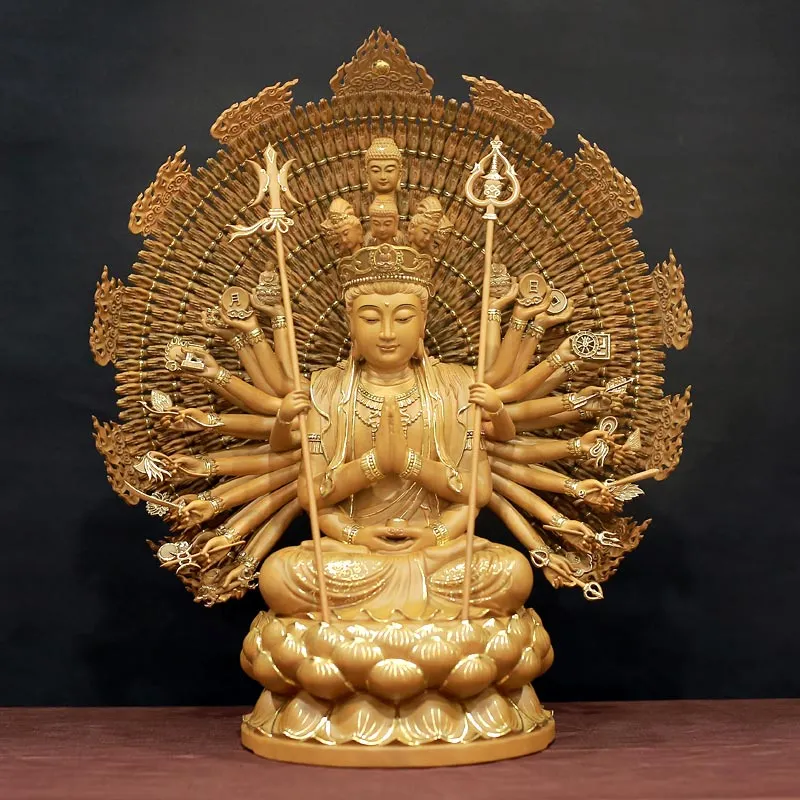 Tượng Thiên Thủ Thiên Nhãn Ngồi Hoa Sen bằng Gỗ Hương Chương cao 40cm