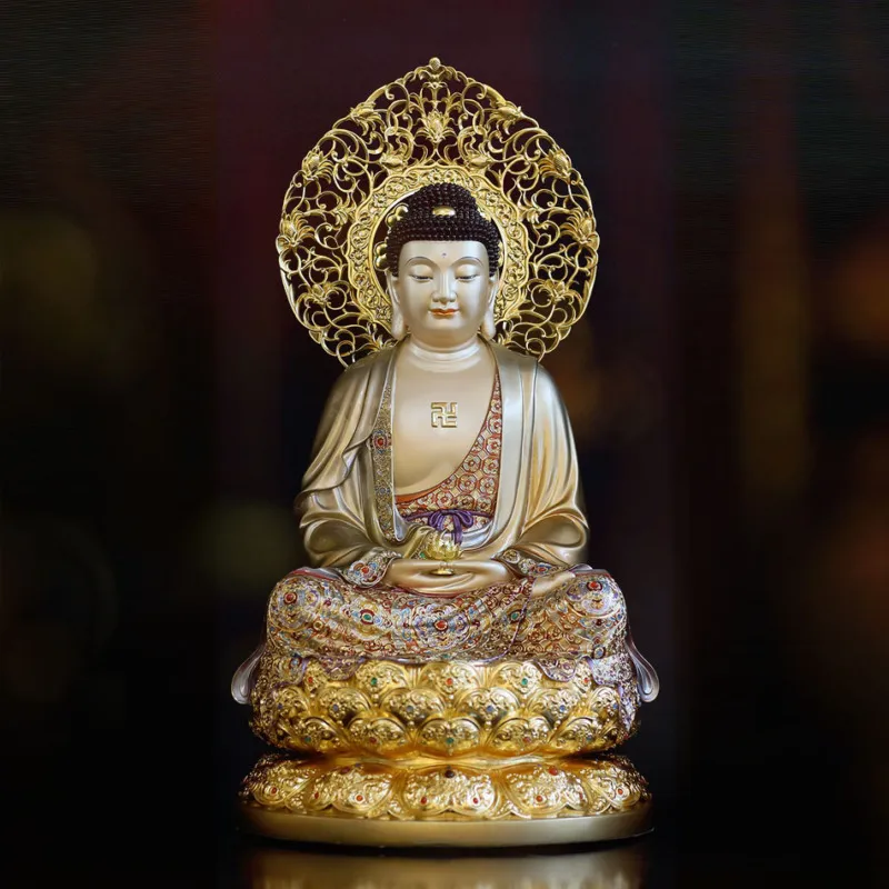 Tượng A Di Đà Ngồi, Bằng Đồng Men Cổ Viền Vàng Mẫn Bảo, Cao 48cm (Tổng Lá Đề 55cm)