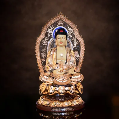 Tượng Phật Dược Sư Ngồi Bằng Đồng Đài Loan Mạ Vàng Có Lá Đề, Cao 48cm