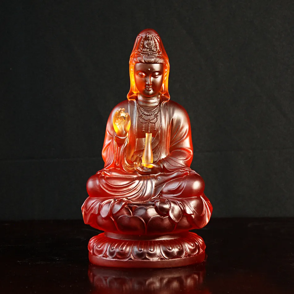 Tượng Quan Âm Ngồi Bằng Đá Lưu Ly Màu Hổ Phách