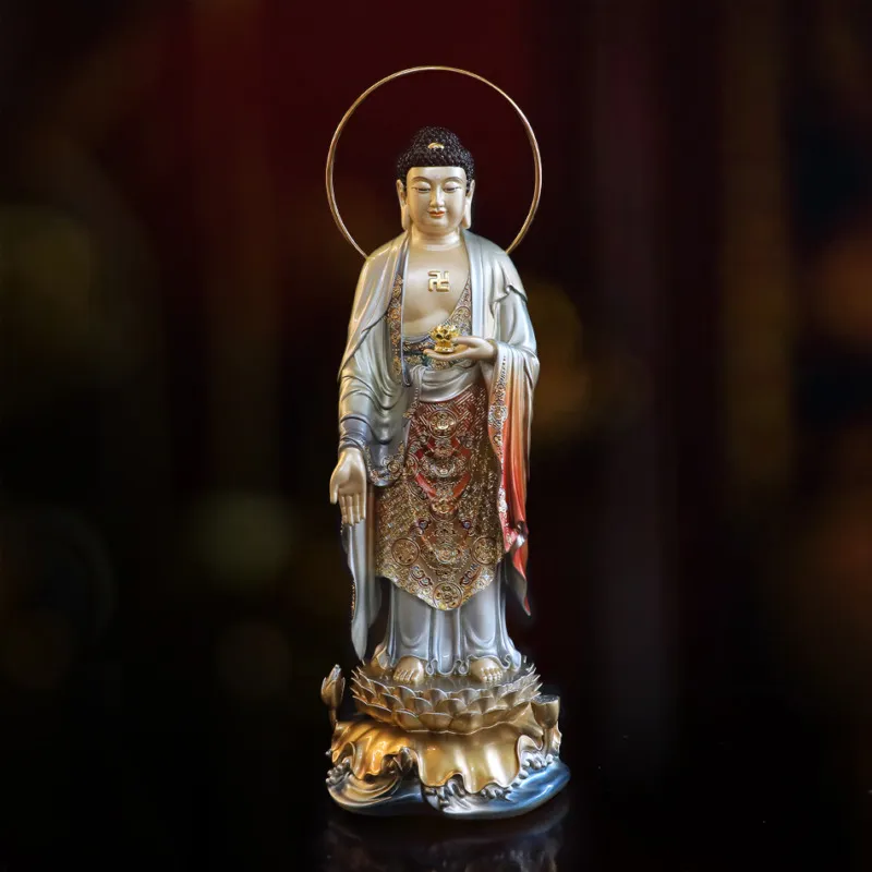 Tượng A Di Đà Đứng, Bằng Đồng Sơn Men Cổ, Cao 48cm (Tổng Lá Đề 53cm)