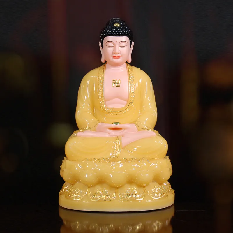 Tượng Phật Thích Ca ngồi hoa sen bột đá thạch anh viền vàng mẫu đẹp