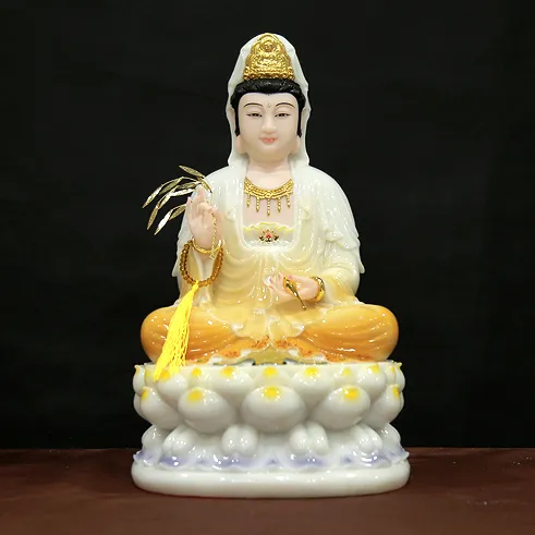 Tượng Quan Âm Ngồi Đài Sen Đế Ghi Bằng Bột Đá