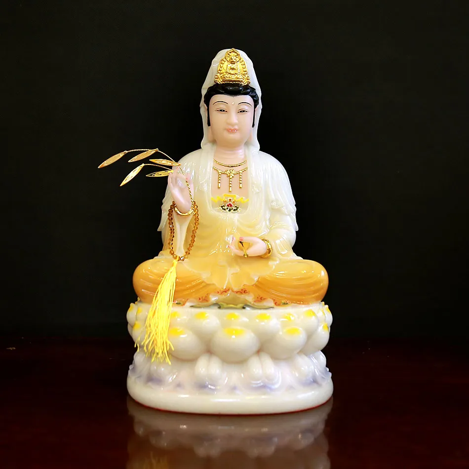 Tượng Quan Âm Bồ Tát Bằng Bột Đá Sơn Vàng Cao 30cm