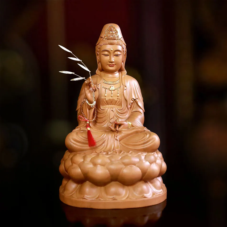 Tượng Bồ Tát Quan Âm Ngồi trên Đài Sen Ba Tầng bằng Gỗ Long Não cao 30cm