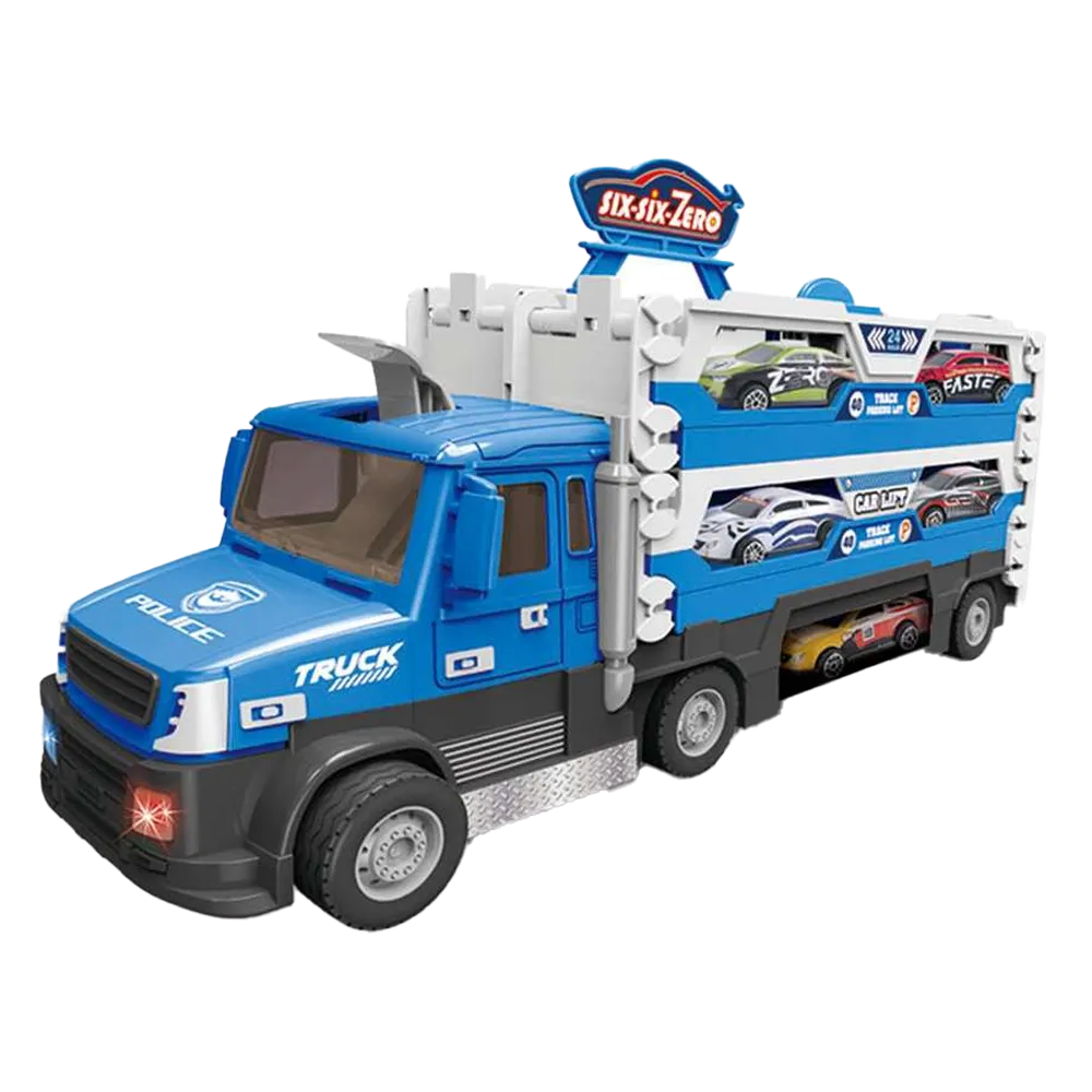 Bộ xe vận chuyển 6 ô tô mini với đường đua gập mở thông minh, kèm nút đẩy và hệ thống đèn nhạc