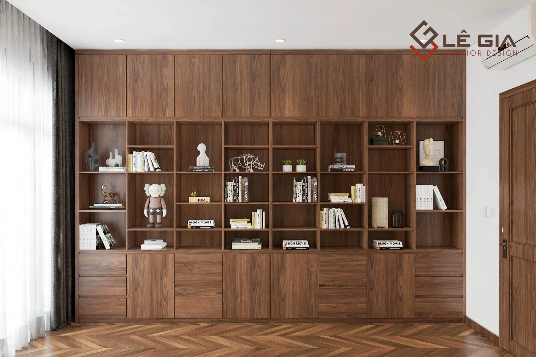 Hệ thống kệ gỗ trang trí và tủ tài liệu kết hợp cho không gian làm việc tại nhà