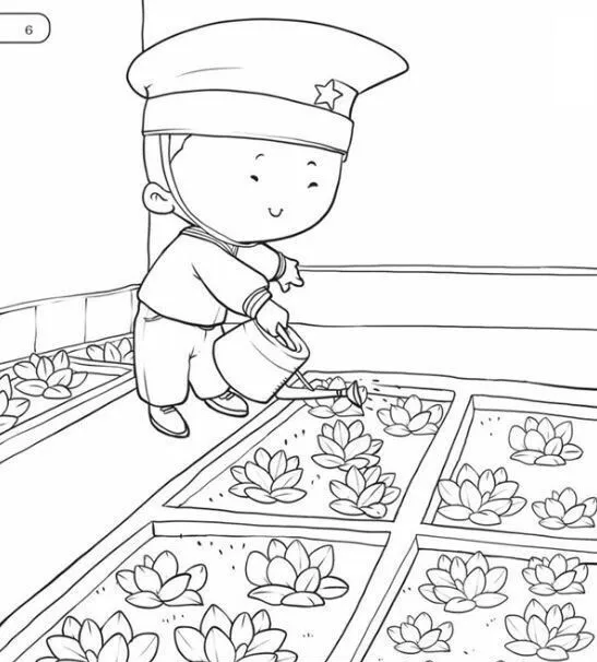 Tranh tô màu chú bộ đội với áo xanh lá và mũ cối sao vàng