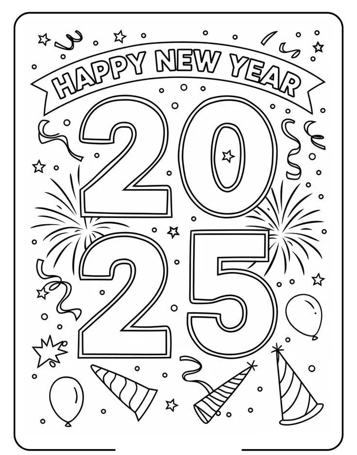 Mẫu tô màu chữ Happy New Year kết hợp họa tiết truyền thống