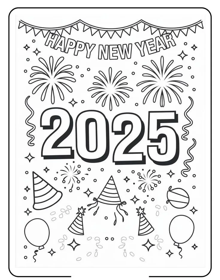 Tranh tô màu chữ Happy New Year với họa tiết hoa và lá phong phú