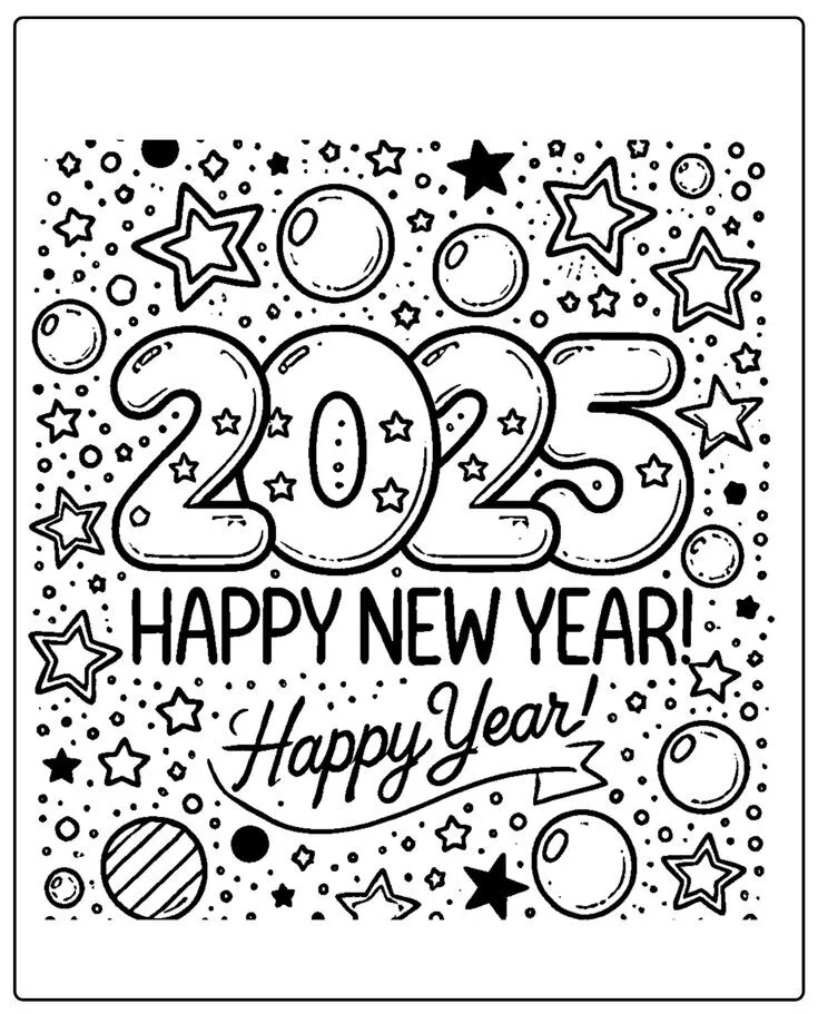 Bức tranh tô màu chữ Happy New Year với họa tiết pháo hoa và ngôi sao