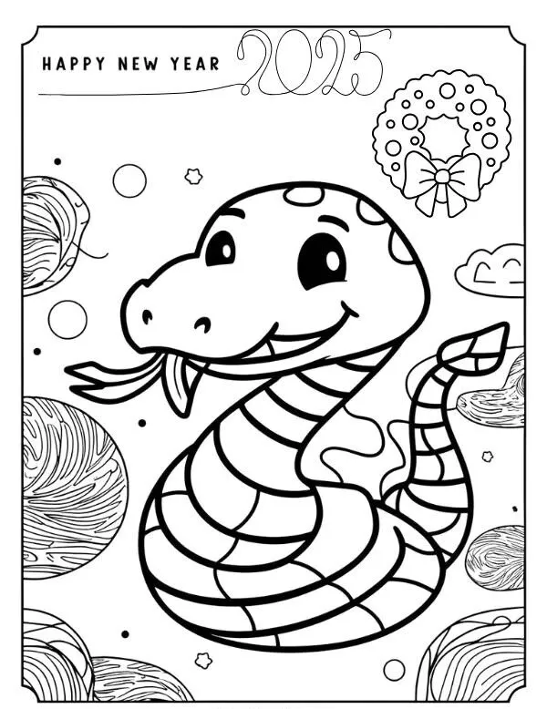 Mẫu tô màu chữ Happy New Year phong cách dễ thương cho bé gái