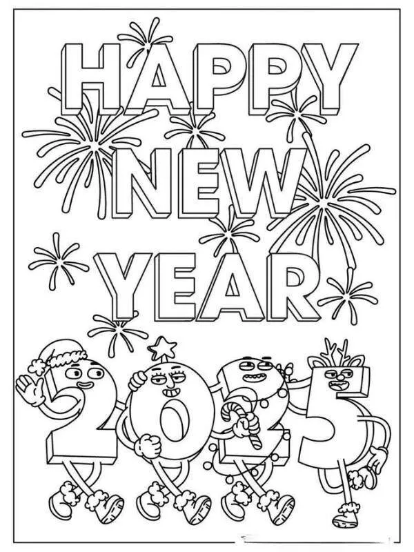 Tranh tô màu chữ Happy New Year kết hợp hình động vật và hoa