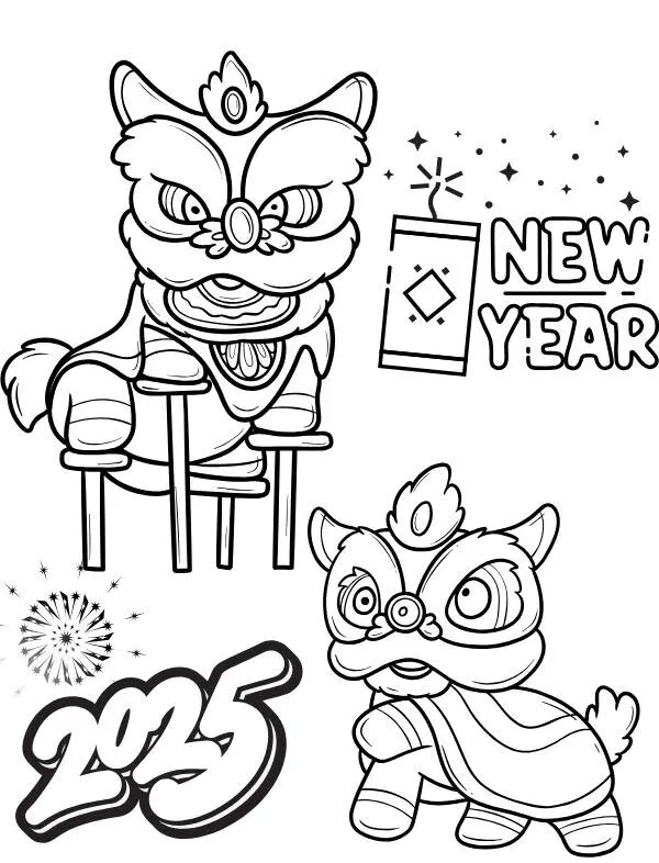 Mẫu tô màu chữ Happy New Year với họa tiết ngôi sao và trái tim