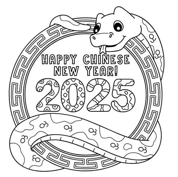 Bức tranh tô màu chữ Happy New Year phong cách đơn giản và dễ thương