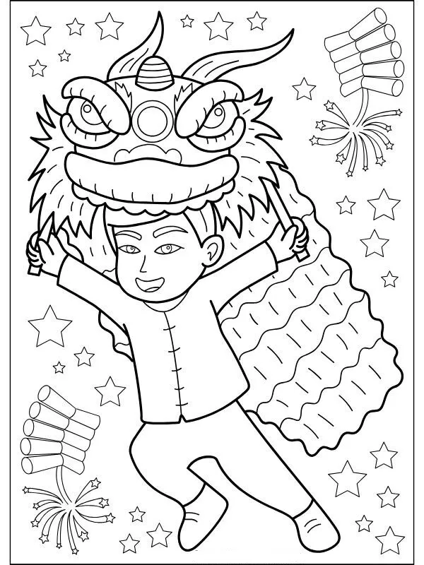 Tranh tô màu chữ Happy New Year với họa tiết pháo hoa rực rỡ