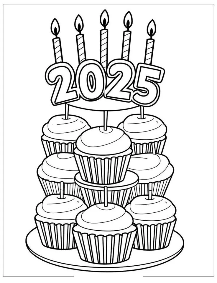 Tranh tô màu chữ Happy New Year phong cách đơn giản cho trẻ nhỏ