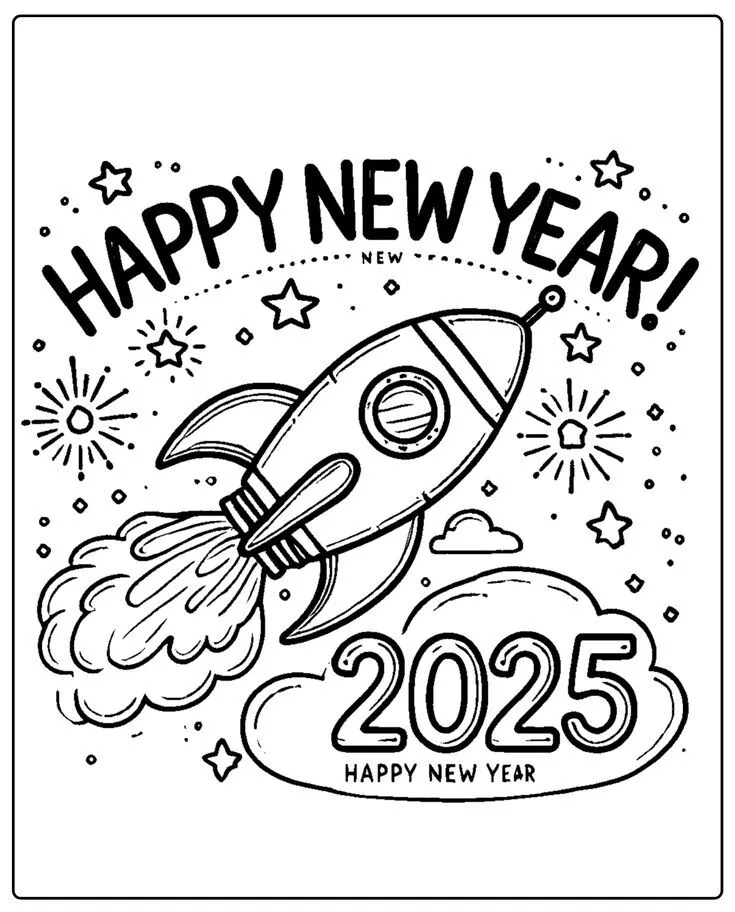 Mẫu tô màu chữ Happy New Year với họa tiết hoa và lá