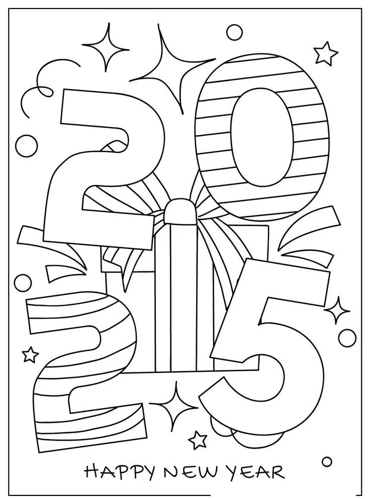 Tranh tô màu chữ Happy New Year kết hợp hình động vật dễ thương