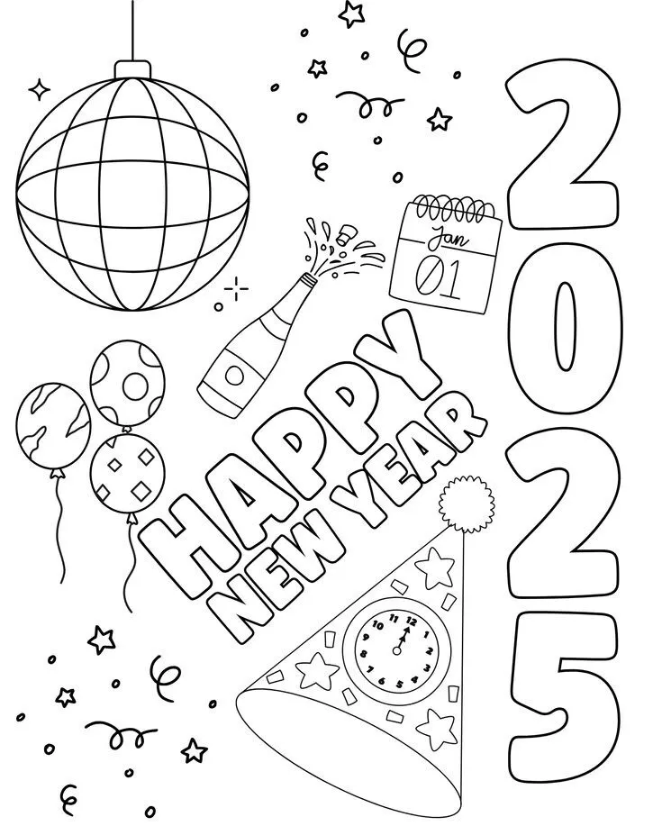 Tranh tô màu chữ Happy New Year với họa tiết bóng bay và hoa