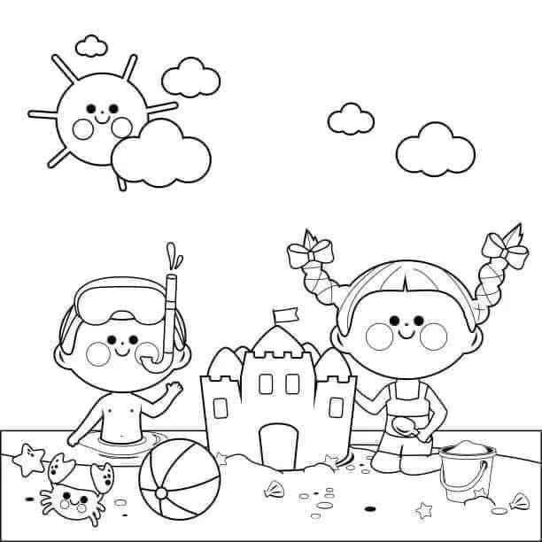 Bé vui đùa cùng khung cảnh biển rộng lớn trong tranh tô màu cảnh mùa hè