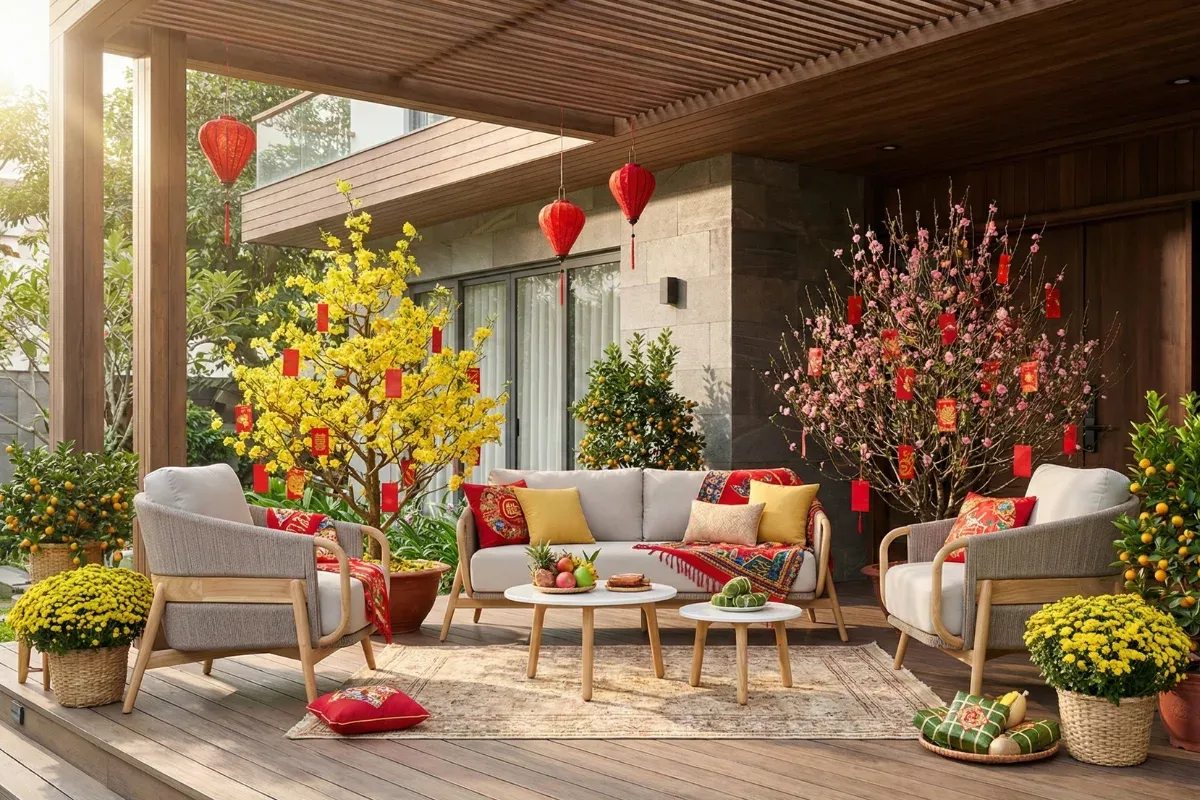 Setup tiệc trà khai xuân ngoài trời với bộ sofa hiện đại.