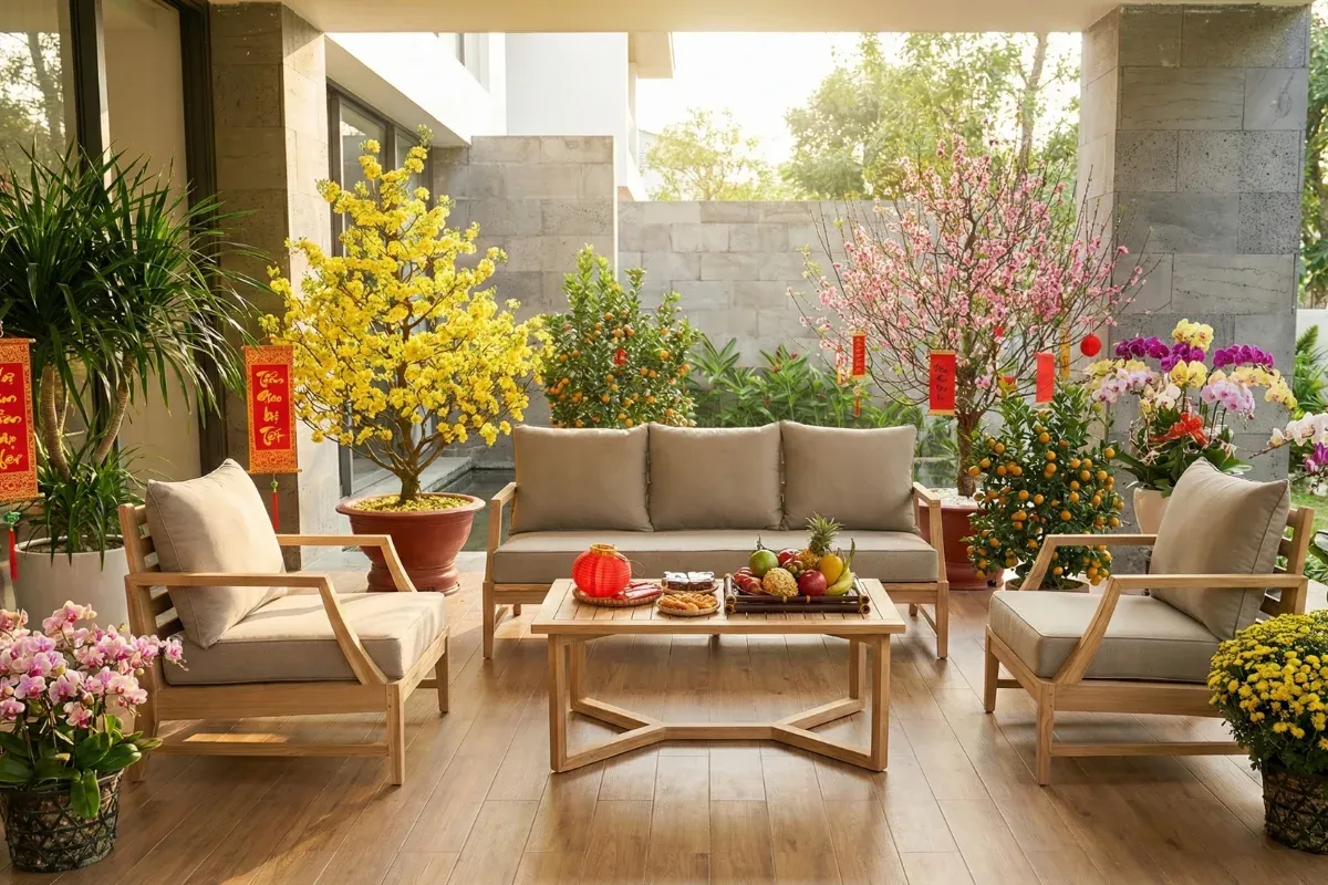 Góc ngồi thư giãn ngoài trời trang trí theo phong cách xuân rực rỡ.