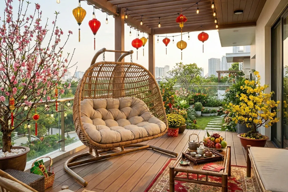 Ghế xích đu mây nhựa cao cấp trang hoàng cho ban công ngày tết.