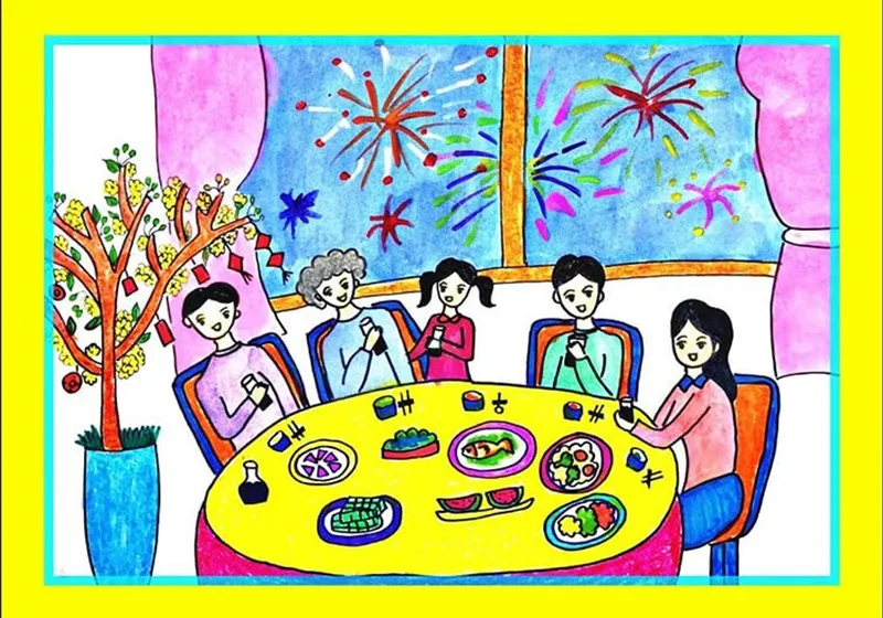 Tranh mẫu 6: Vẽ tranh gia đình bên mâm cơm
